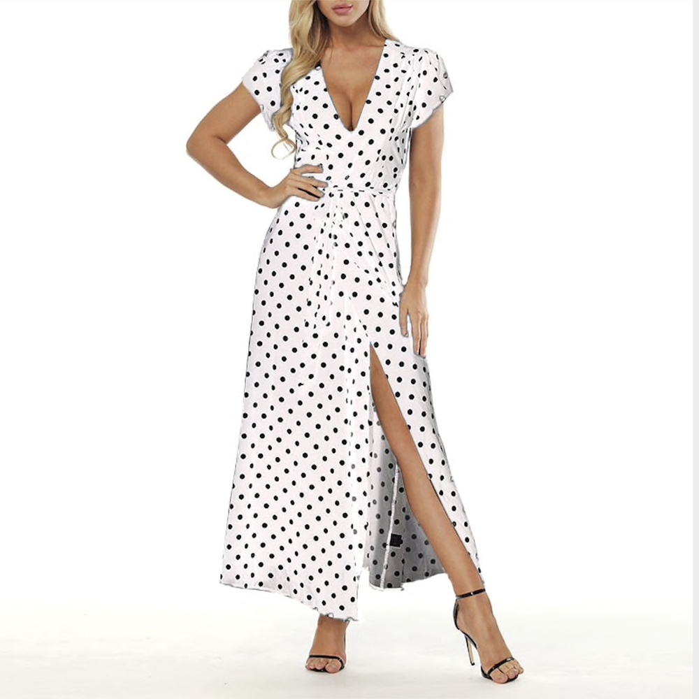 Maxi Wrap Polka Dot Belted White Summer Dress - Picture 4 of 6